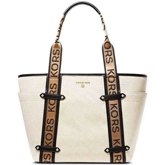 NWT Michael Kors Maeve Canvas Magnetic Snap Tote Shoulder Bag Cream Large - Picture 1 of 6